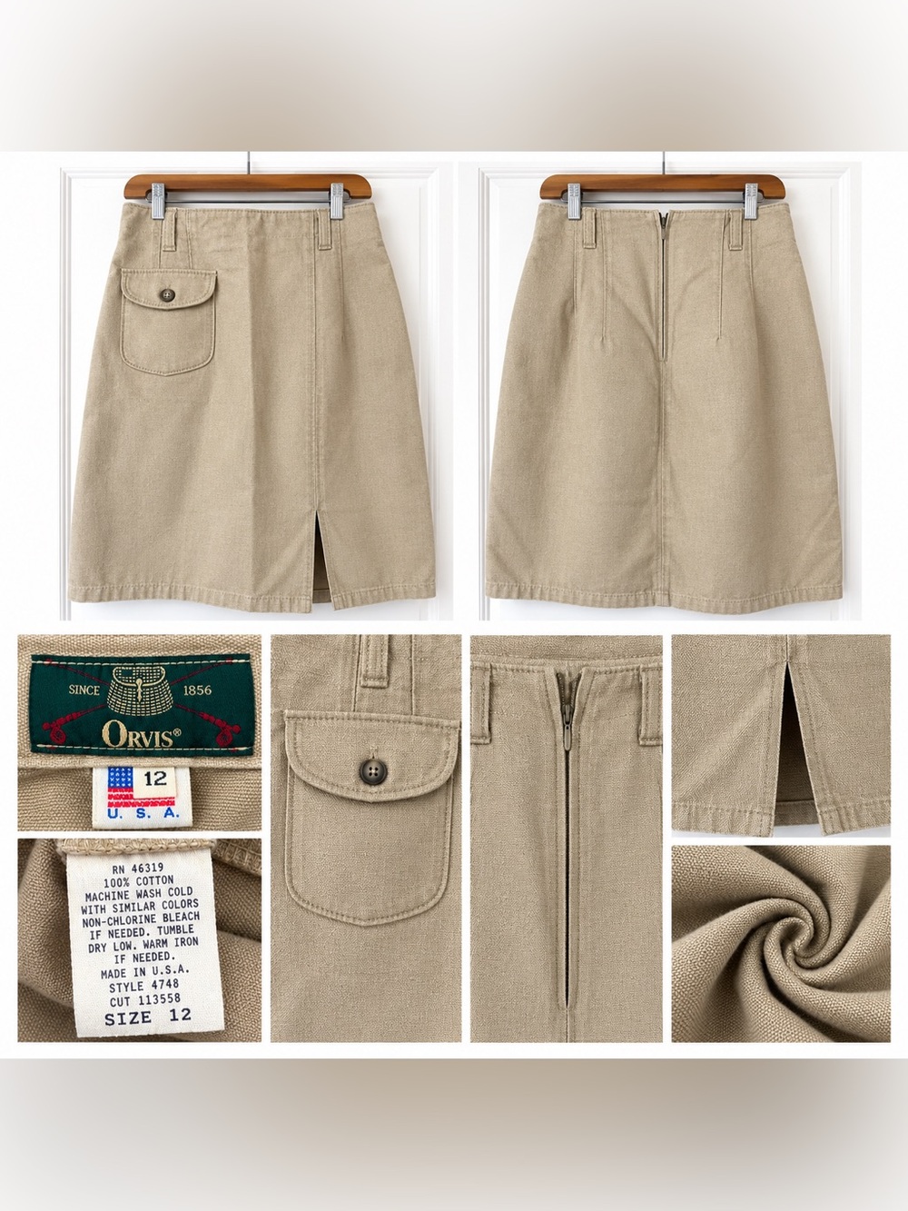 Vintage Orvis Khaki Cotton Midi Skirt Size 12 Made in USA Utility Pocket